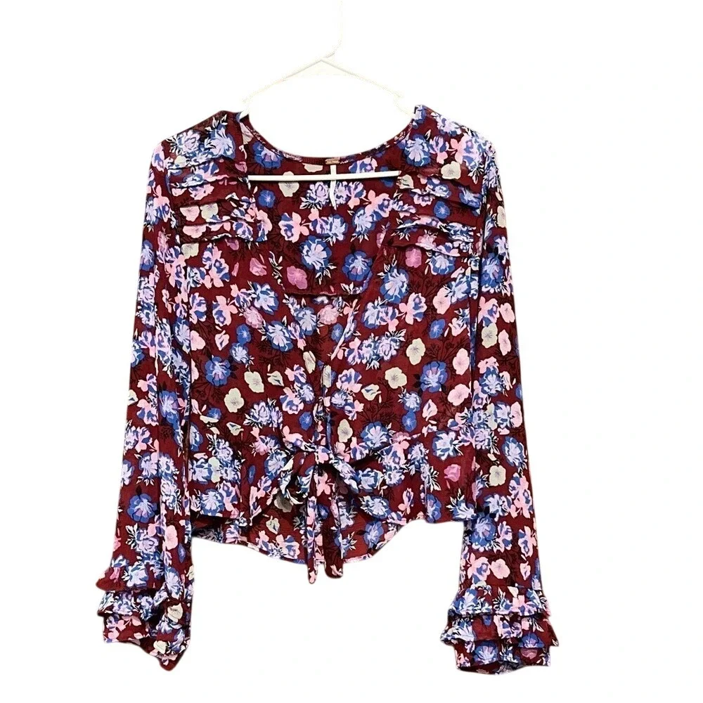 Free People Floral Tie Front Ruffle Blouse Burgundy Blue Small OB1026401‎ EUC